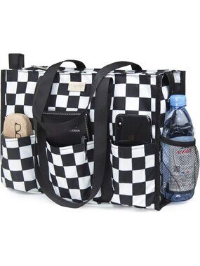 Women's White Black Polyester Utility Water Resistant Tote Bag with 13 Pockets
